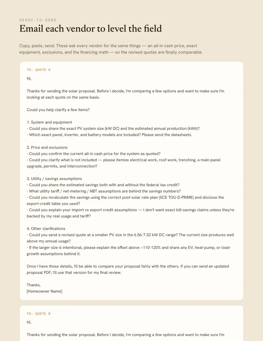 Report page with ready-to-send questions for each installer